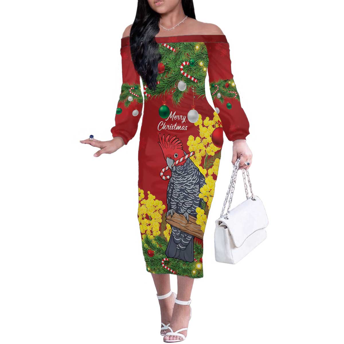 Australia Gang-gang Cockatoo Christmas Family Matching Off The Shoulder Long Sleeve Dress and Hawaiian Shirt Callocephalon Fimbriatum Golden Wattle Red - Aussie Hoodie