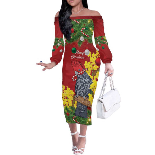 Australia Gang-gang Cockatoo Christmas Family Matching Off The Shoulder Long Sleeve Dress and Hawaiian Shirt Callocephalon Fimbriatum Golden Wattle Red - Aussie Hoodie