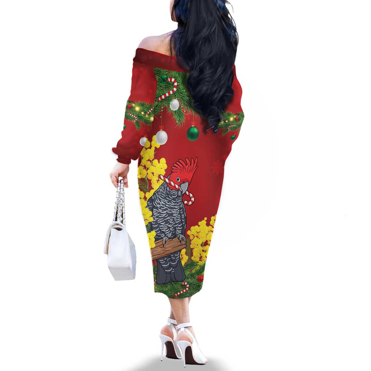 Australia Gang-gang Cockatoo Christmas Family Matching Off The Shoulder Long Sleeve Dress and Hawaiian Shirt Callocephalon Fimbriatum Golden Wattle Red - Aussie Hoodie