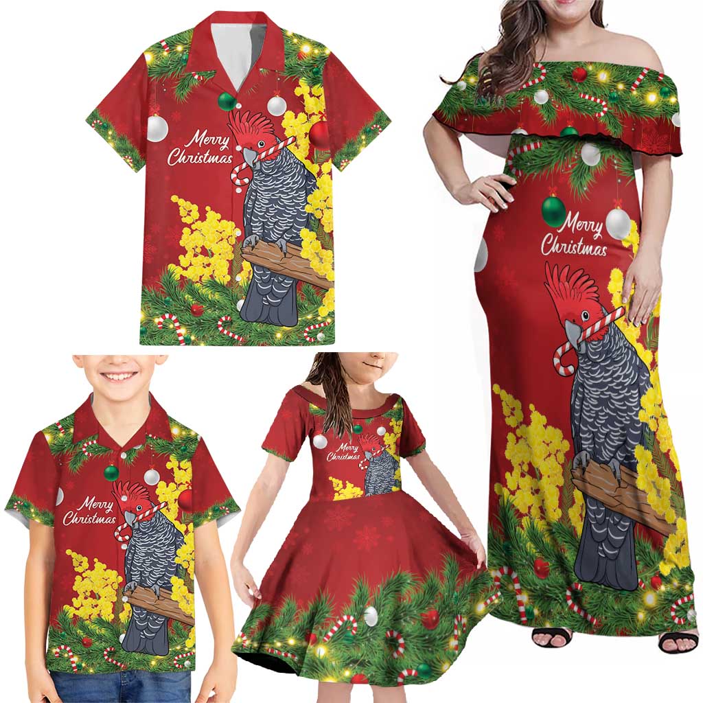 Australia Gang-gang Cockatoo Christmas Family Matching Off Shoulder Maxi Dress and Hawaiian Shirt Callocephalon Fimbriatum Golden Wattle Red - Aussie Hoodie