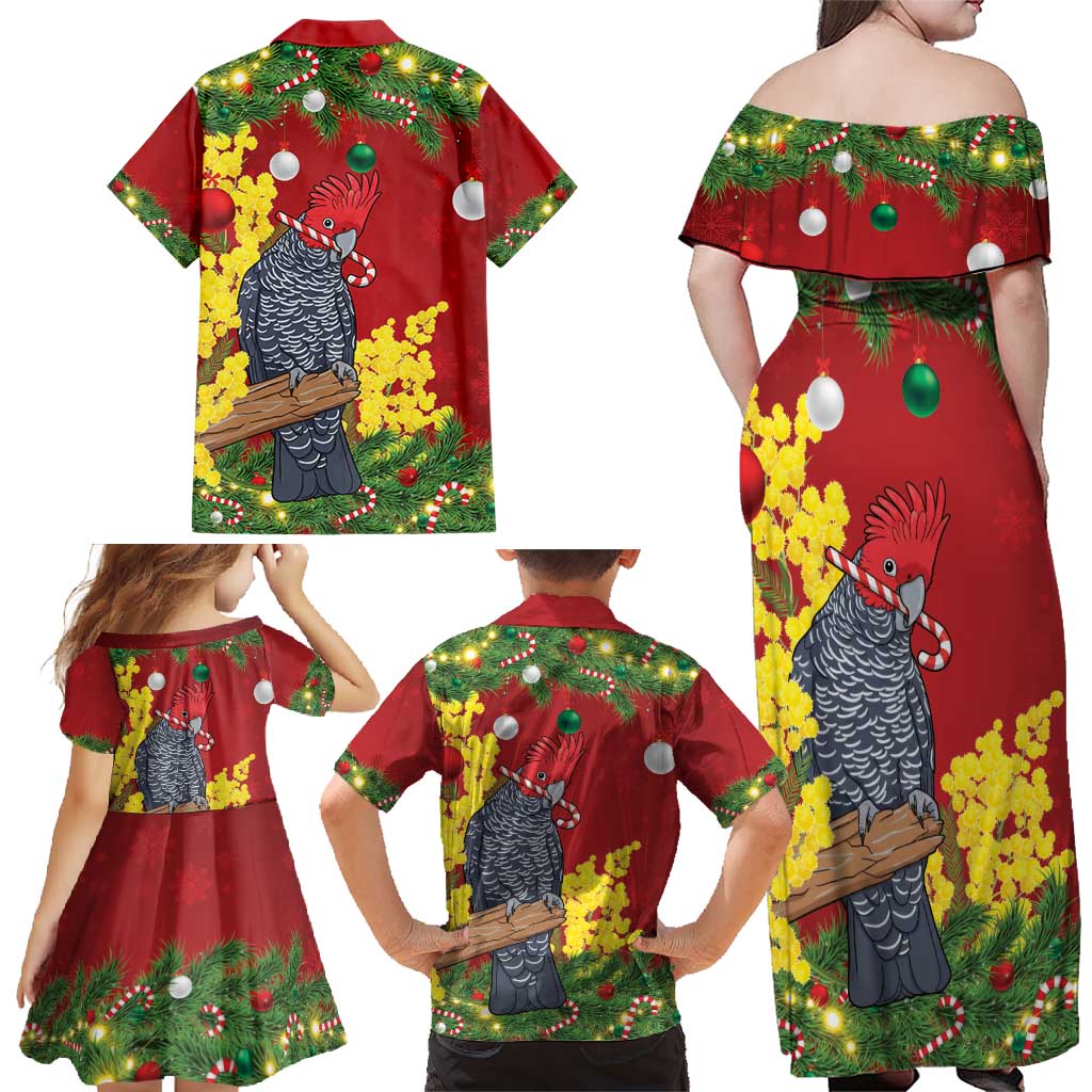Australia Gang-gang Cockatoo Christmas Family Matching Off Shoulder Maxi Dress and Hawaiian Shirt Callocephalon Fimbriatum Golden Wattle Red - Aussie Hoodie