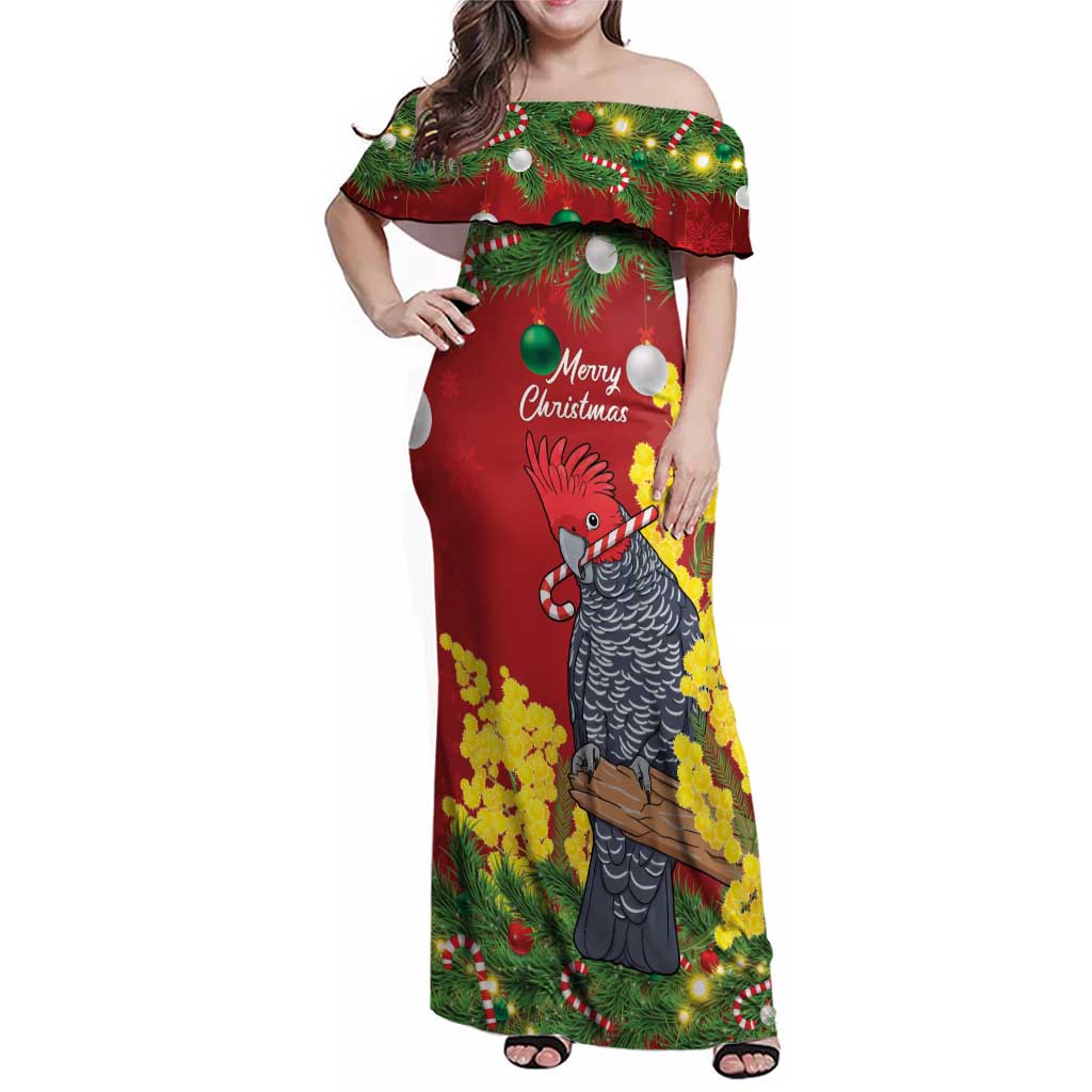 Australia Gang-gang Cockatoo Christmas Family Matching Off Shoulder Maxi Dress and Hawaiian Shirt Callocephalon Fimbriatum Golden Wattle Red - Aussie Hoodie