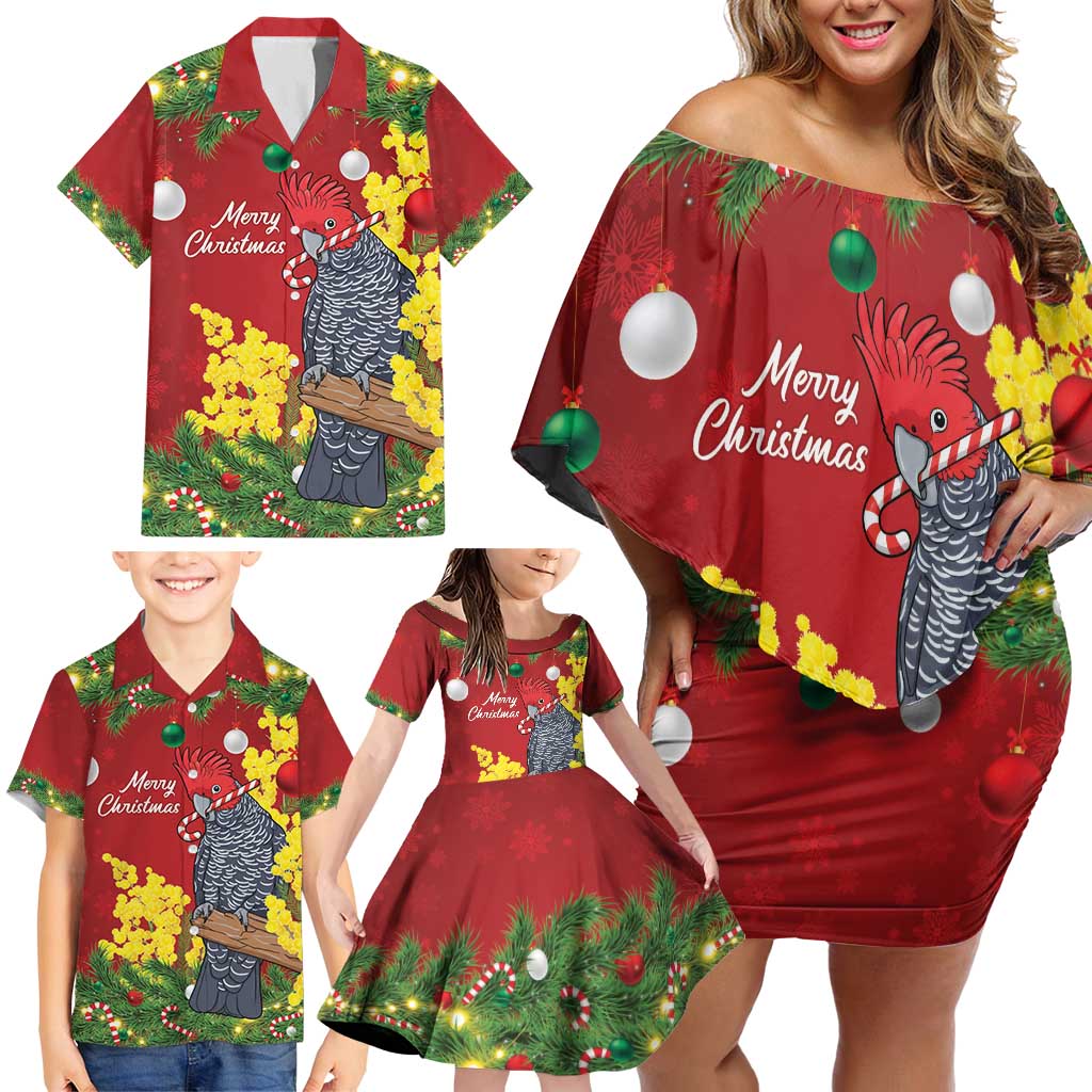 Australia Gang-gang Cockatoo Christmas Family Matching Off Shoulder Short Dress and Hawaiian Shirt Callocephalon Fimbriatum Golden Wattle Red - Aussie Hoodie