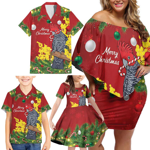 Australia Gang-gang Cockatoo Christmas Family Matching Off Shoulder Short Dress and Hawaiian Shirt Callocephalon Fimbriatum Golden Wattle Red - Aussie Hoodie