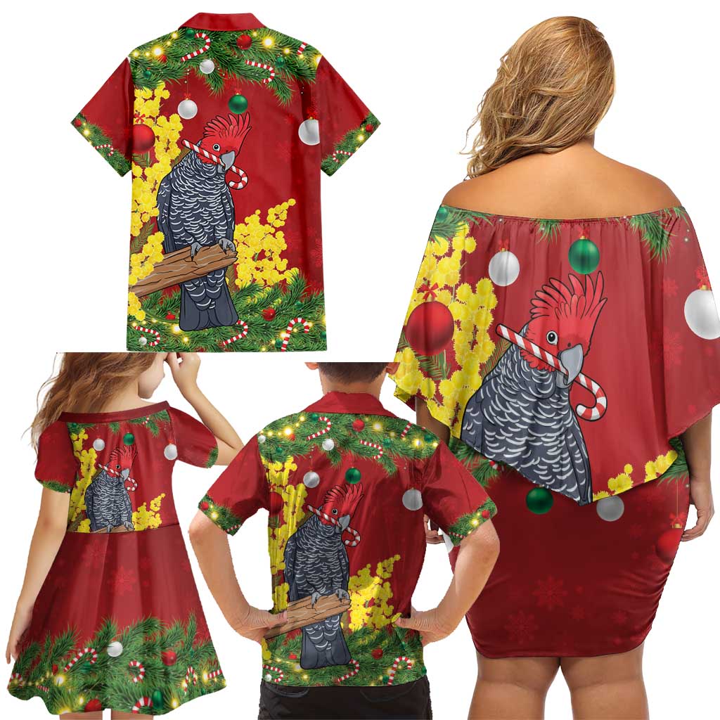 Australia Gang-gang Cockatoo Christmas Family Matching Off Shoulder Short Dress and Hawaiian Shirt Callocephalon Fimbriatum Golden Wattle Red - Aussie Hoodie