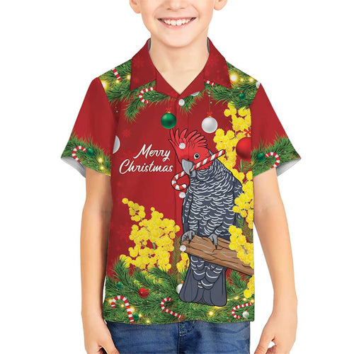 Australia Gang-gang Cockatoo Christmas Family Matching Off Shoulder Short Dress and Hawaiian Shirt Callocephalon Fimbriatum Golden Wattle Red - Aussie Hoodie