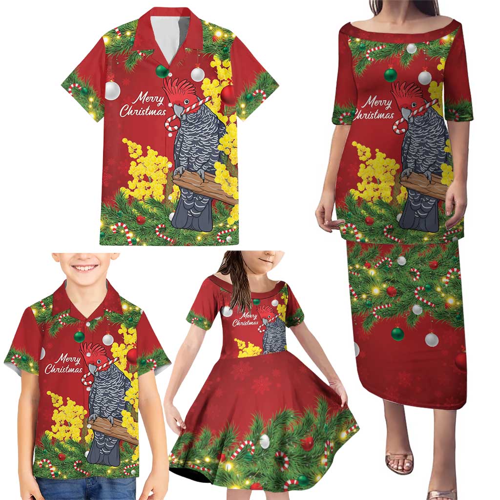 Australia Gang-gang Cockatoo Christmas Family Matching Puletasi and Hawaiian Shirt Callocephalon Fimbriatum Golden Wattle Red - Aussie Hoodie