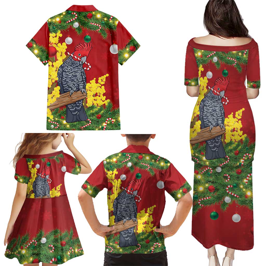 Australia Gang-gang Cockatoo Christmas Family Matching Puletasi and Hawaiian Shirt Callocephalon Fimbriatum Golden Wattle Red - Aussie Hoodie