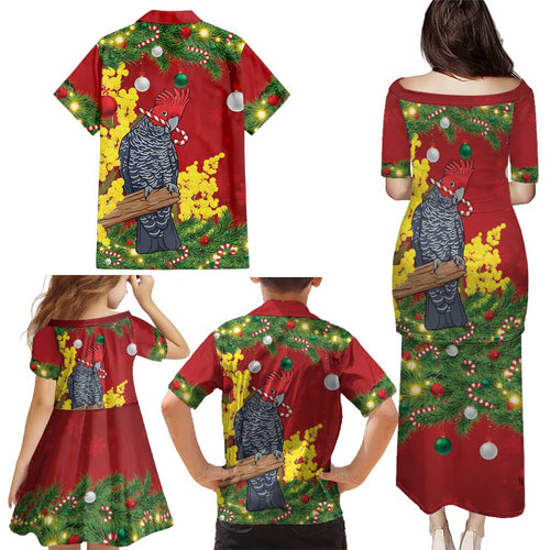 Australia Gang-gang Cockatoo Christmas Family Matching Puletasi and Hawaiian Shirt Callocephalon Fimbriatum Golden Wattle Red - Aussie Hoodie