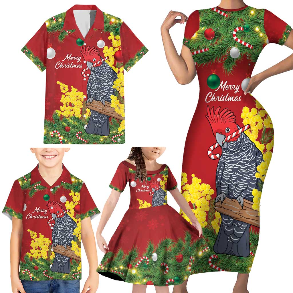Australia Gang-gang Cockatoo Christmas Family Matching Short Sleeve Bodycon Dress and Hawaiian Shirt Callocephalon Fimbriatum Golden Wattle Red - Aussie Hoodie
