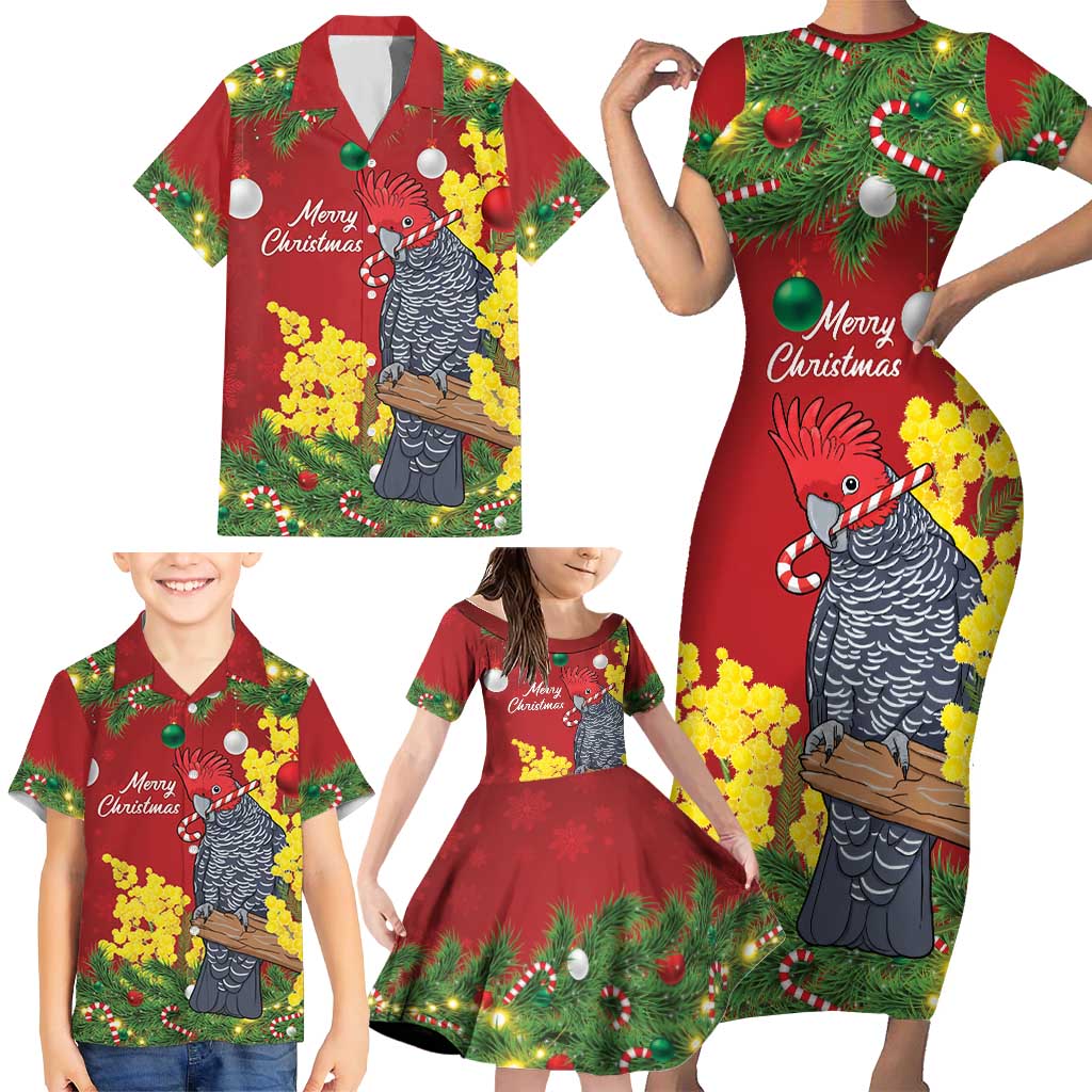 Australia Gang-gang Cockatoo Christmas Family Matching Short Sleeve Bodycon Dress and Hawaiian Shirt Callocephalon Fimbriatum Golden Wattle Red - Aussie Hoodie