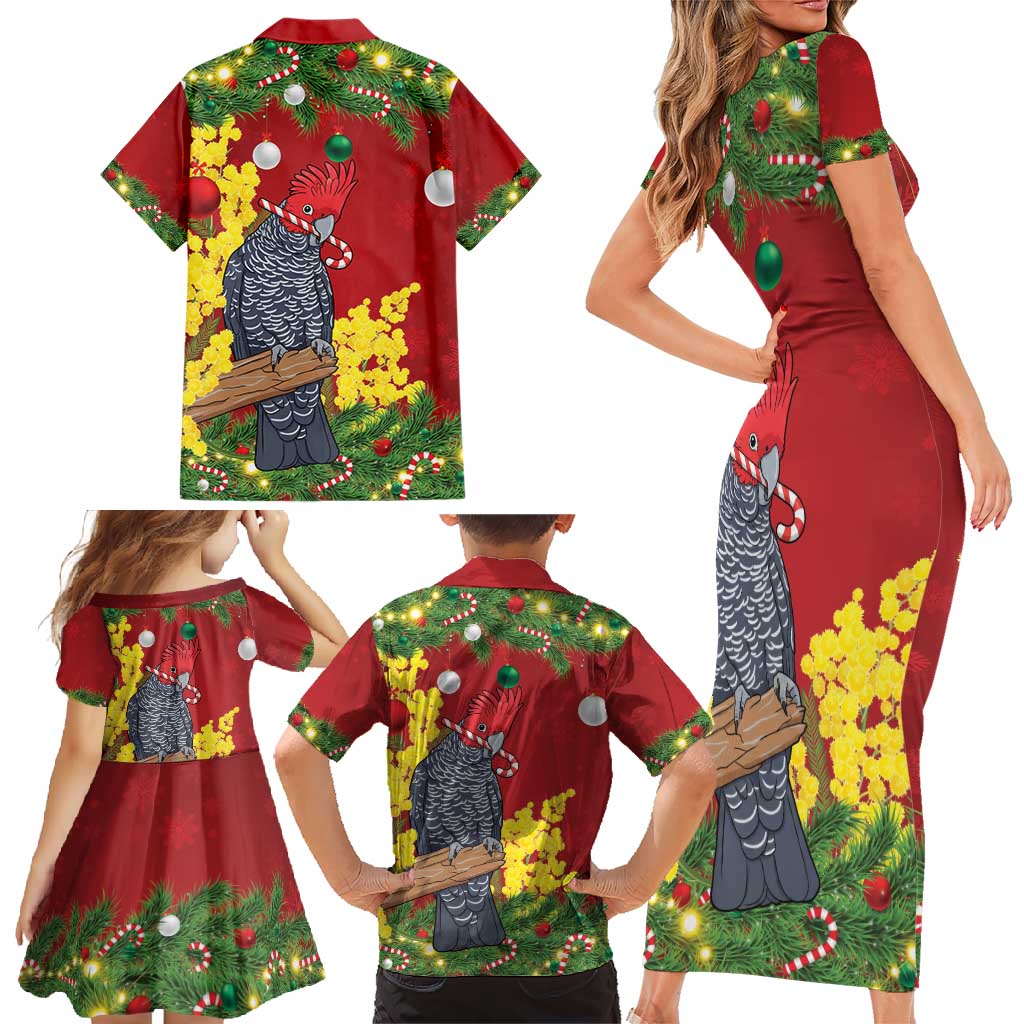 Australia Gang-gang Cockatoo Christmas Family Matching Short Sleeve Bodycon Dress and Hawaiian Shirt Callocephalon Fimbriatum Golden Wattle Red - Aussie Hoodie