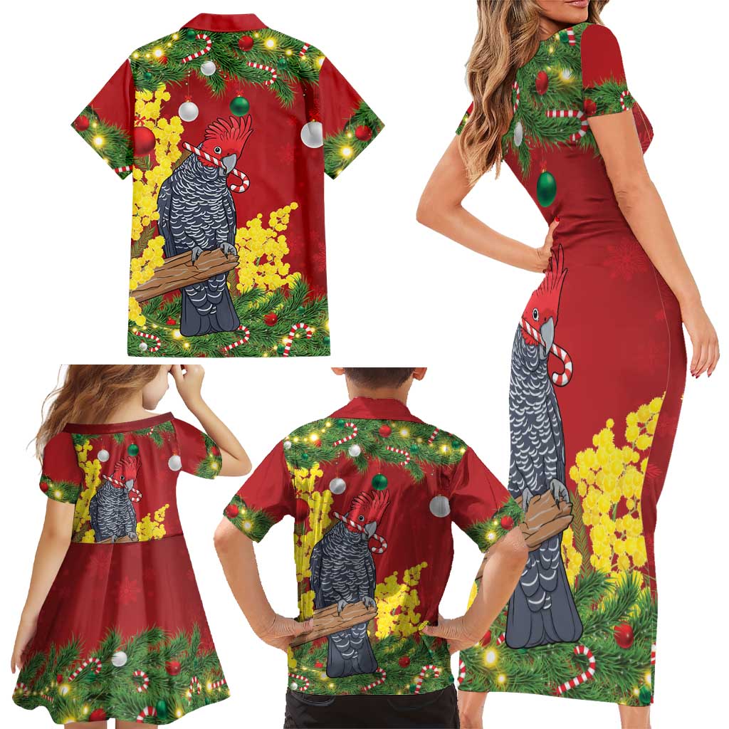 Australia Gang-gang Cockatoo Christmas Family Matching Short Sleeve Bodycon Dress and Hawaiian Shirt Callocephalon Fimbriatum Golden Wattle Red - Aussie Hoodie