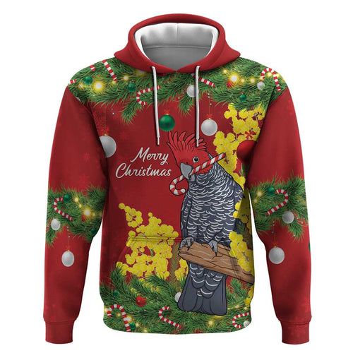 Australia Gang-gang Cockatoo Christmas Hoodie Callocephalon Fimbriatum Golden Wattle Red - Aussie Hoodie
