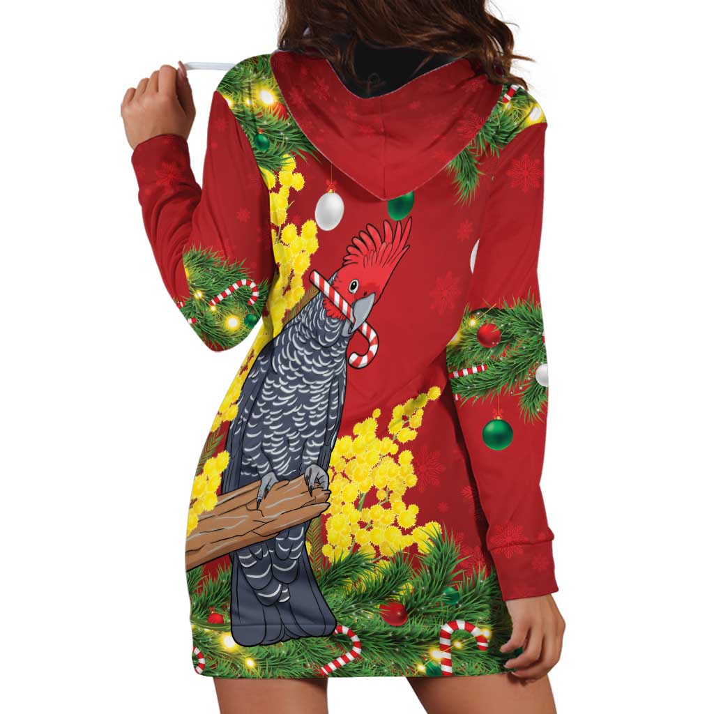 Australia Gang-gang Cockatoo Christmas Hoodie Dress Callocephalon Fimbriatum Golden Wattle Red - Aussie Hoodie