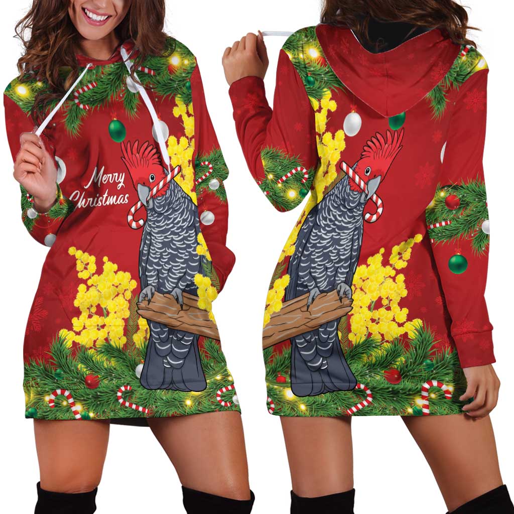 Australia Gang-gang Cockatoo Christmas Hoodie Dress Callocephalon Fimbriatum Golden Wattle Red - Aussie Hoodie