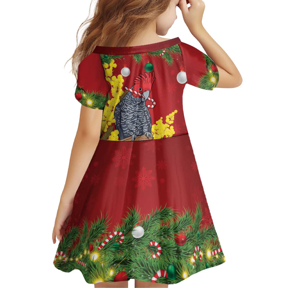 Australia Gang-gang Cockatoo Christmas Kid Short Sleeve Dress Callocephalon Fimbriatum Golden Wattle Red - Aussie Hoodie