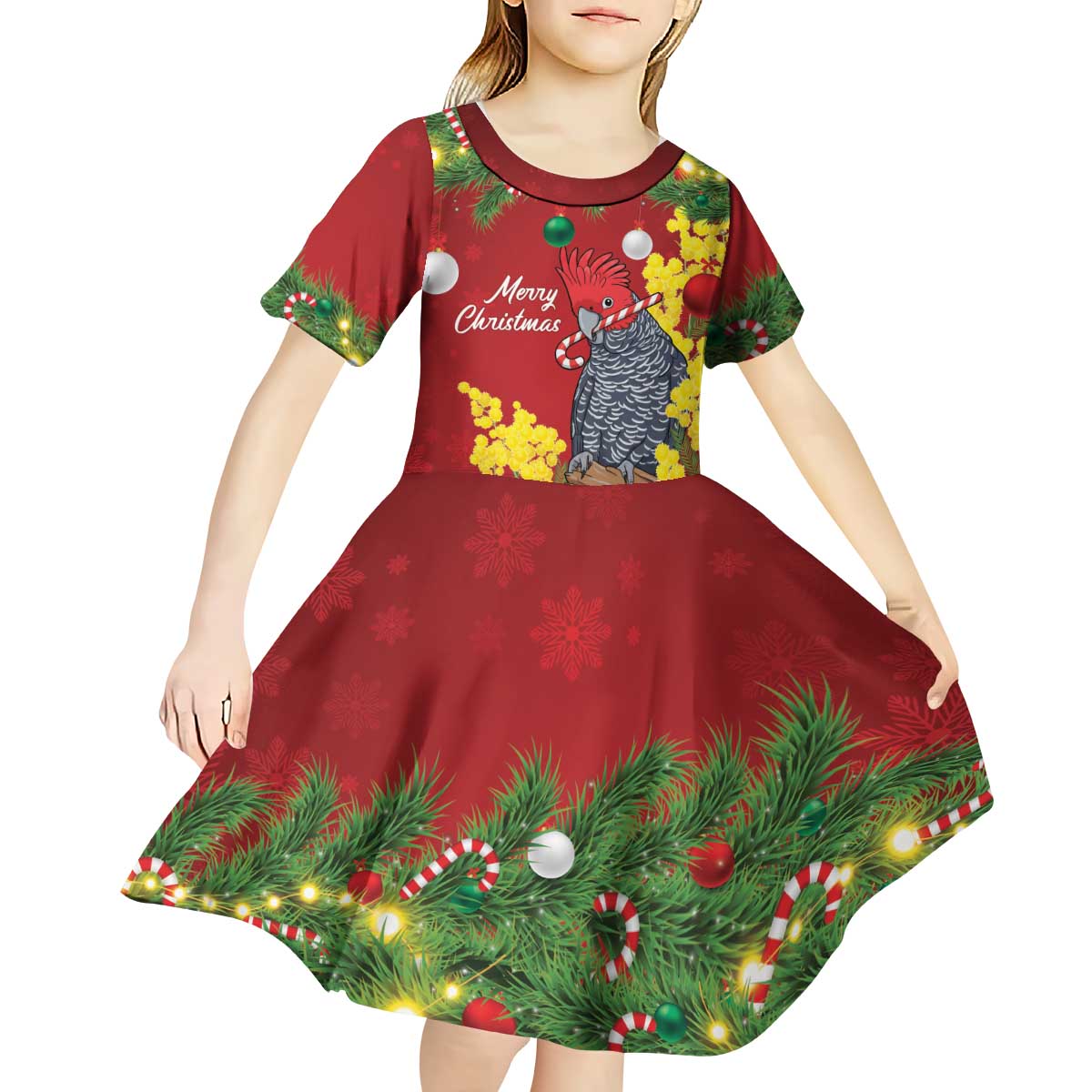 Australia Gang-gang Cockatoo Christmas Kid Short Sleeve Dress Callocephalon Fimbriatum Golden Wattle Red - Aussie Hoodie