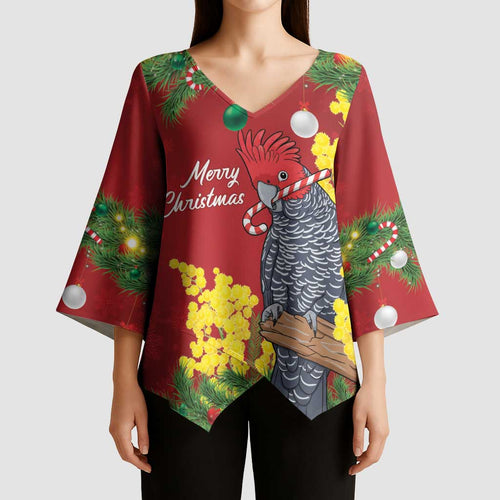 Australia Gang-gang Cockatoo Christmas Kimono Sleeve Blouse Callocephalon Fimbriatum Golden Wattle Red - Aussie Hoodie