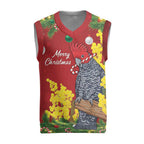 Australia Gang-gang Cockatoo Christmas Knitted V-Neck Vest Callocephalon Fimbriatum Golden Wattle Red - Aussie Hoodie