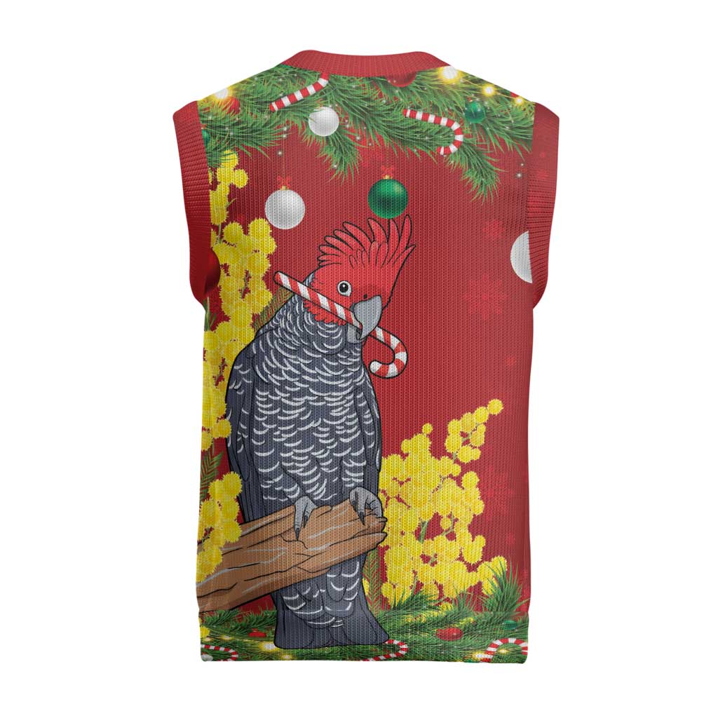 Australia Gang-gang Cockatoo Christmas Knitted V-Neck Vest Callocephalon Fimbriatum Golden Wattle Red - Aussie Hoodie