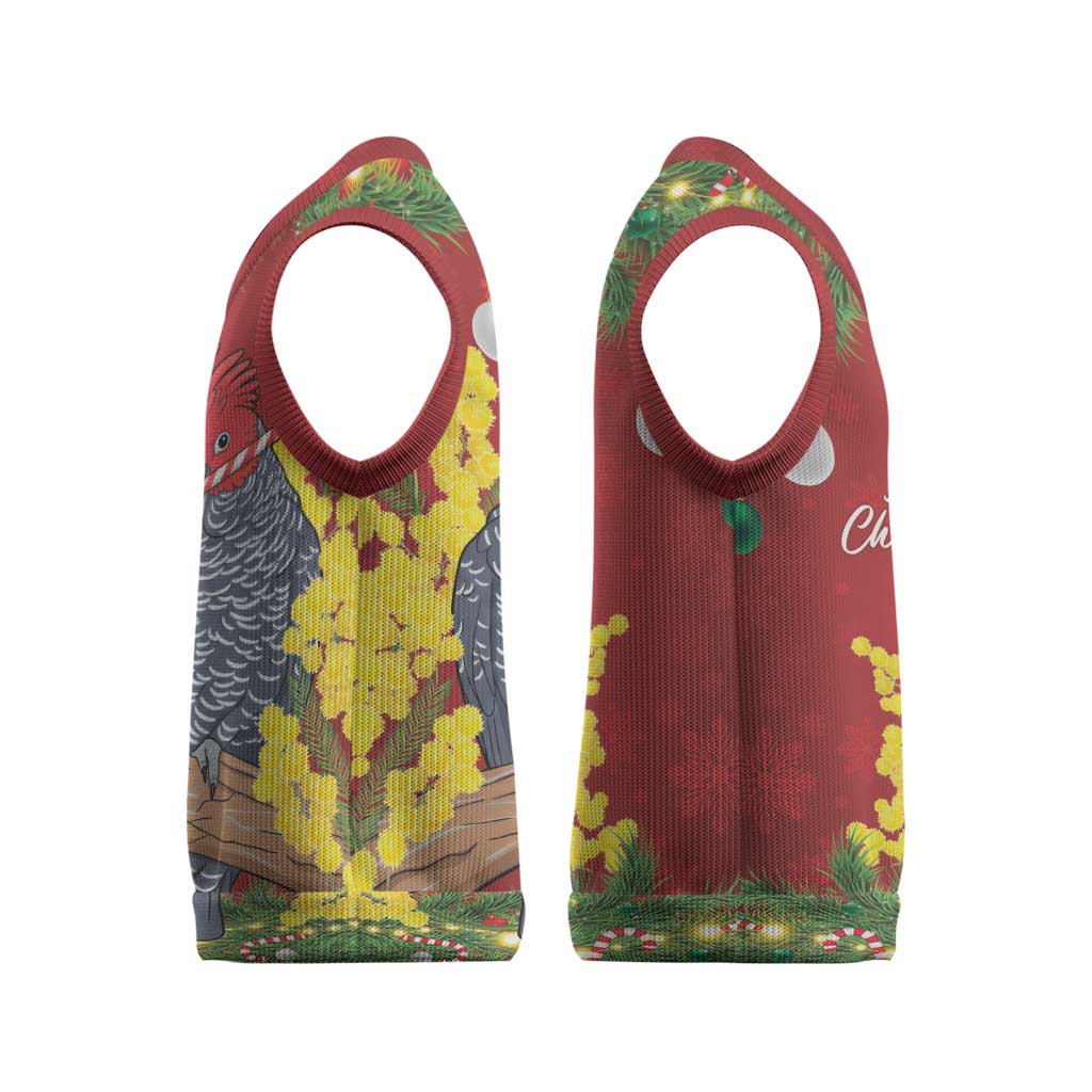 Australia Gang-gang Cockatoo Christmas Knitted V-Neck Vest Callocephalon Fimbriatum Golden Wattle Red - Aussie Hoodie