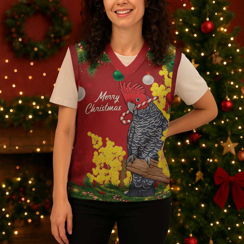 Australia Gang-gang Cockatoo Christmas Knitted V-Neck Vest Callocephalon Fimbriatum Golden Wattle Red - Aussie Hoodie