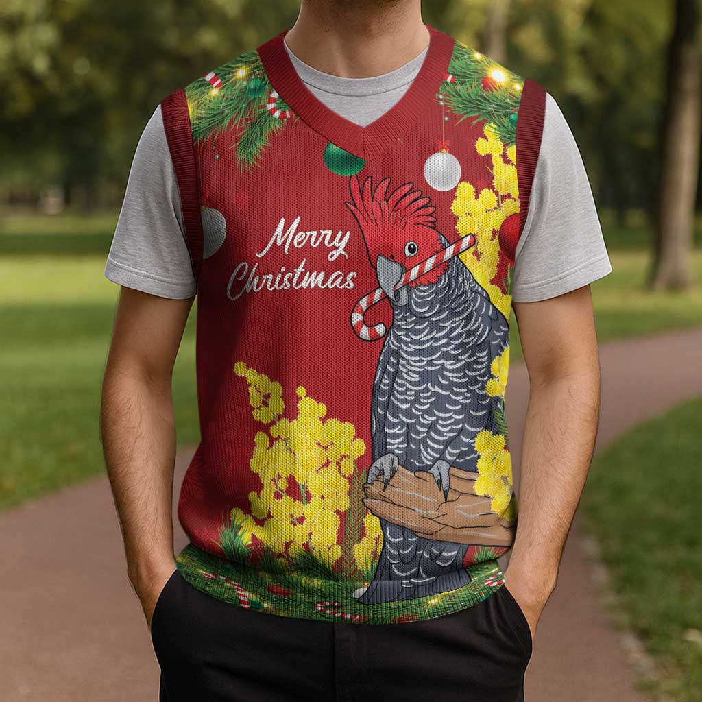 Australia Gang-gang Cockatoo Christmas Knitted V-Neck Vest Callocephalon Fimbriatum Golden Wattle Red - Aussie Hoodie