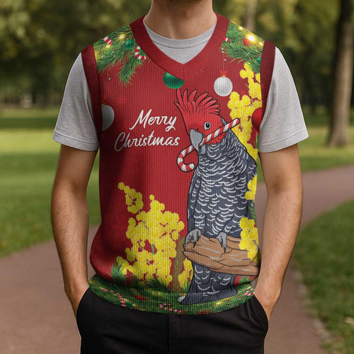 Australia Gang-gang Cockatoo Christmas Knitted V-Neck Vest Callocephalon Fimbriatum Golden Wattle Red - Aussie Hoodie