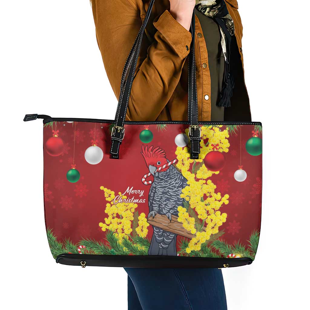 Australia Gang-gang Cockatoo Christmas Leather Tote Bag Callocephalon Fimbriatum Golden Wattle Red - Aussie Hoodie