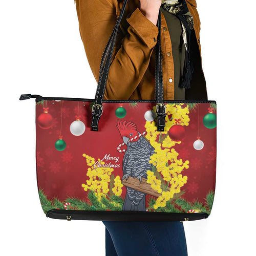 Australia Gang-gang Cockatoo Christmas Leather Tote Bag Callocephalon Fimbriatum Golden Wattle Red - Aussie Hoodie