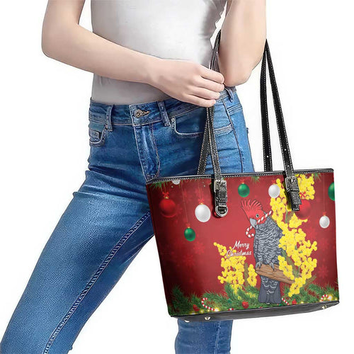 Australia Gang-gang Cockatoo Christmas Leather Tote Bag Callocephalon Fimbriatum Golden Wattle Red - Aussie Hoodie