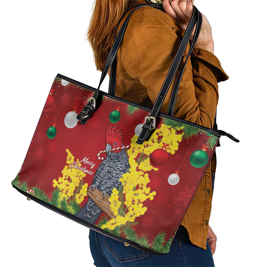 Australia Gang-gang Cockatoo Christmas Leather Tote Bag Callocephalon Fimbriatum Golden Wattle Red - Aussie Hoodie