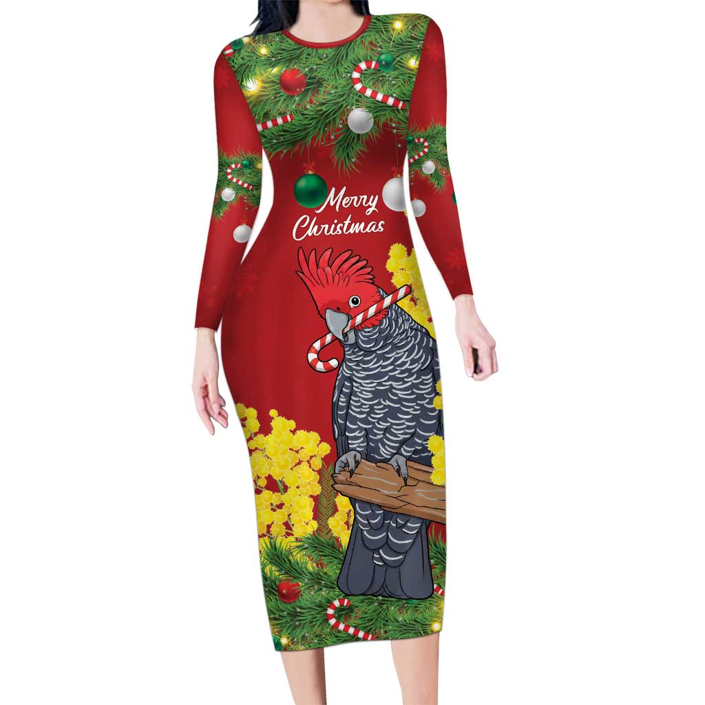 Australia Gang-gang Cockatoo Christmas Long Sleeve Bodycon Dress Callocephalon Fimbriatum Golden Wattle Red - Aussie Hoodie