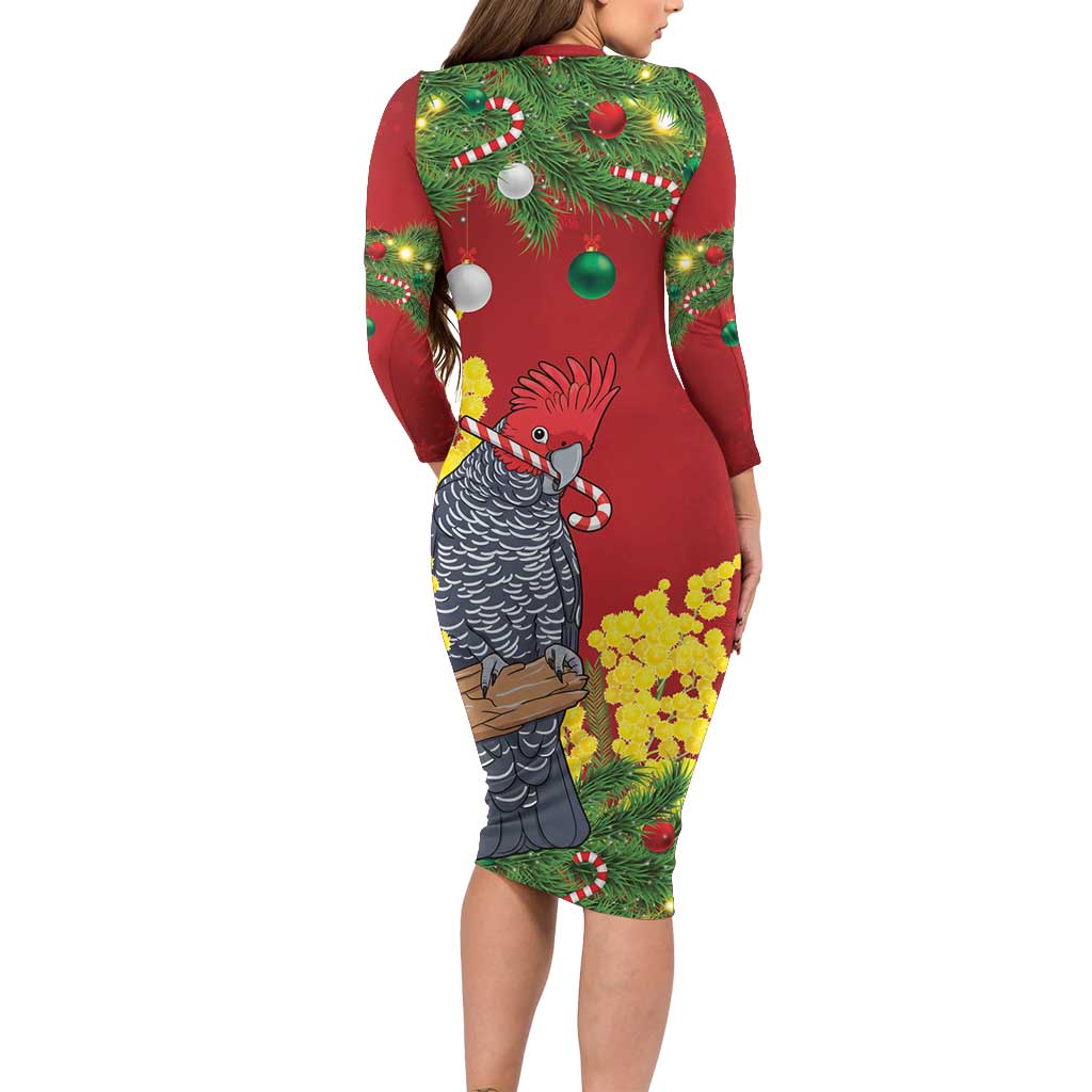 Australia Gang-gang Cockatoo Christmas Long Sleeve Bodycon Dress Callocephalon Fimbriatum Golden Wattle Red - Aussie Hoodie
