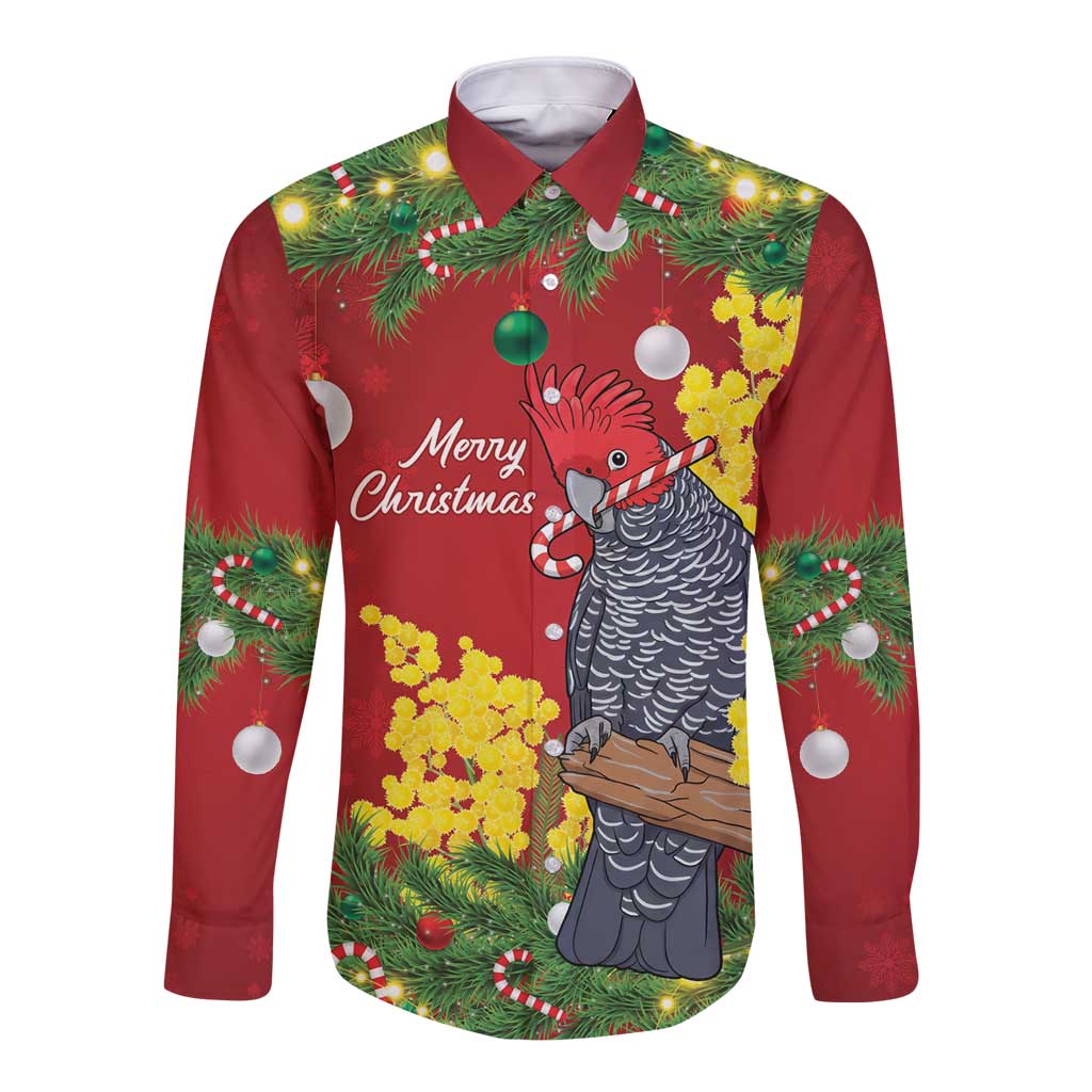 Australia Gang-gang Cockatoo Christmas Long Sleeve Button Shirt Callocephalon Fimbriatum Golden Wattle Red - Aussie Hoodie