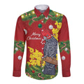 Australia Gang-gang Cockatoo Christmas Long Sleeve Button Shirt Callocephalon Fimbriatum Golden Wattle Red - Aussie Hoodie
