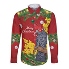 Australia Gang-gang Cockatoo Christmas Long Sleeve Button Shirt Callocephalon Fimbriatum Golden Wattle Red - Aussie Hoodie