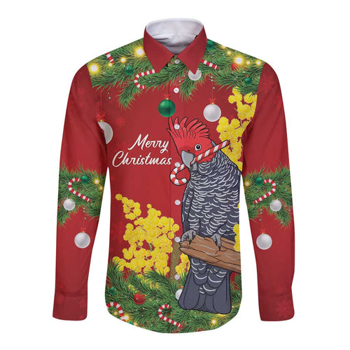 Australia Gang-gang Cockatoo Christmas Long Sleeve Button Shirt Callocephalon Fimbriatum Golden Wattle Red - Aussie Hoodie