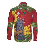 Australia Gang-gang Cockatoo Christmas Long Sleeve Button Shirt Callocephalon Fimbriatum Golden Wattle Red - Aussie Hoodie