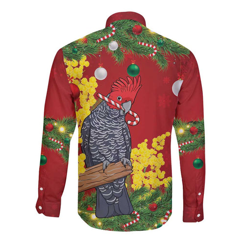 Australia Gang-gang Cockatoo Christmas Long Sleeve Button Shirt Callocephalon Fimbriatum Golden Wattle Red - Aussie Hoodie