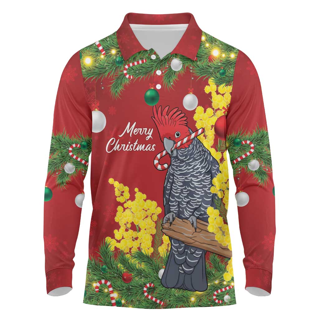 Australia Gang-gang Cockatoo Christmas Long Sleeve Polo Shirt Callocephalon Fimbriatum Golden Wattle Red - Aussie Hoodie