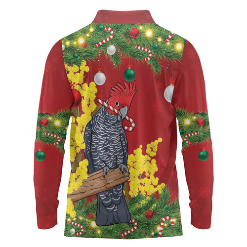 Australia Gang-gang Cockatoo Christmas Long Sleeve Polo Shirt Callocephalon Fimbriatum Golden Wattle Red - Aussie Hoodie