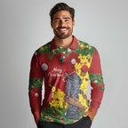 Australia Gang-gang Cockatoo Christmas Long Sleeve Polo Shirt Callocephalon Fimbriatum Golden Wattle Red - Aussie Hoodie
