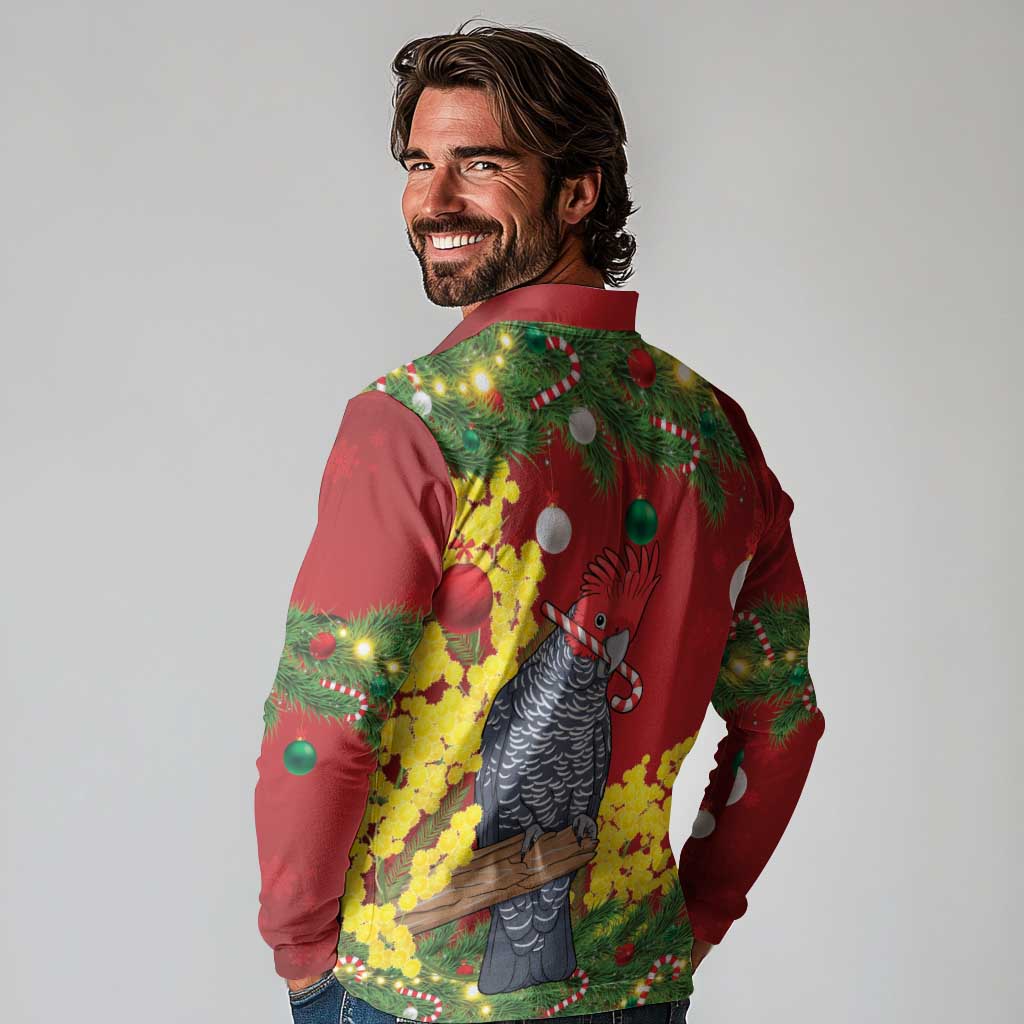 Australia Gang-gang Cockatoo Christmas Long Sleeve Polo Shirt Callocephalon Fimbriatum Golden Wattle Red - Aussie Hoodie