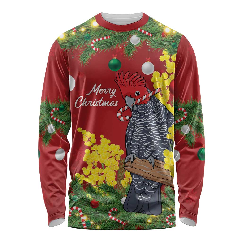 Australia Gang-gang Cockatoo Christmas Long Sleeve Shirt Callocephalon Fimbriatum Golden Wattle Red - Aussie Hoodie