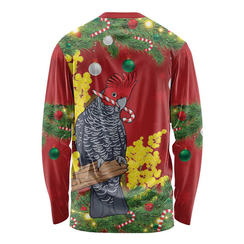 Australia Gang-gang Cockatoo Christmas Long Sleeve Shirt Callocephalon Fimbriatum Golden Wattle Red - Aussie Hoodie