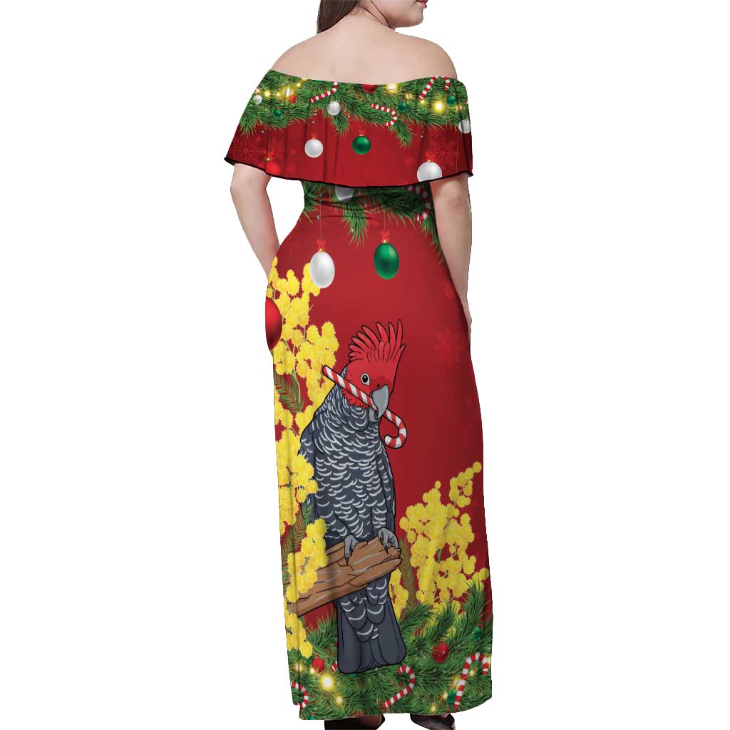 Australia Gang-gang Cockatoo Christmas Off Shoulder Maxi Dress Callocephalon Fimbriatum Golden Wattle Red - Aussie Hoodie