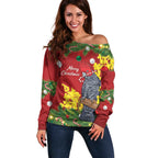 Australia Gang-gang Cockatoo Christmas Off Shoulder Sweater Callocephalon Fimbriatum Golden Wattle Red - Aussie Hoodie