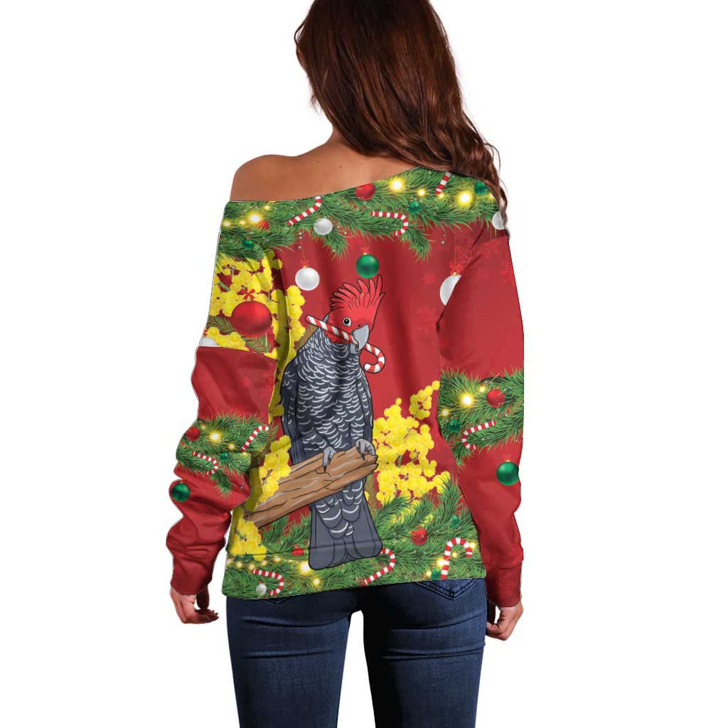 Australia Gang-gang Cockatoo Christmas Off Shoulder Sweater Callocephalon Fimbriatum Golden Wattle Red - Aussie Hoodie